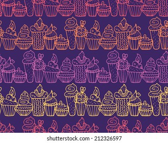 Hand drawn cupcakes seamless pattern in vector. Cake background. Cake vector. Cake dessert sketch.