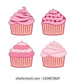 Hand drawn cupcakes set. Doodle pink cupcakes. Cartoon cupcakes made from isolated elements: berries, stars and hearts. Heavy cream muffins.