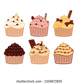 Hand drawn cupcakes set. Doodle cupcakes. Cartoon cupcakes made from isolated elements: chocolate, coffee beans, waffle, cinnamon, bows, colorful chocolate sprinkles, stars and hearts.