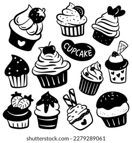 Hand drawn cupcakes silhouette doodle design element