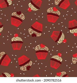 Hand drawn cupcakes valentine's Mood and cherries , Bakery Design for fashion , fabric, textile, wallpaper, cover, web , wrapping and all prints on brown background colour