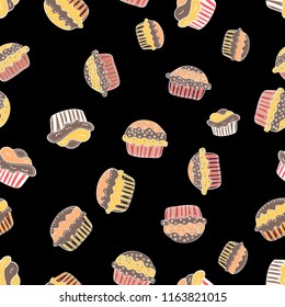 Hand drawn cupcakes. Vector cupcake illustration. Vector illustration. Doodle cakes with cream. Cute birthday pattern on black, brown and beige.