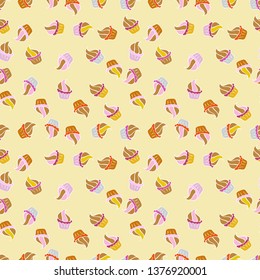 Hand drawn cupcakes. Vector cupcake illustration. Cute birthday pattern on beige, neutral and white. Vector illustration. Doodle cakes with cream.