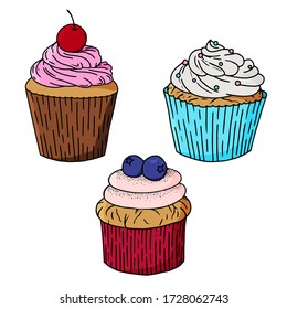 Hand drawn cupcakes vector set