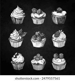 Hand drawn cupcakes vintage isolated on black chalk board. Vector illustration. Chalk board style.