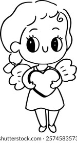 Hand drawn Cupid angel valentine cartoon with love letter and cloud in very cute doodle style 