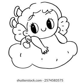 Hand drawn Cupid angel valentine cartoon with love letter and cloud in very cute doodle style 