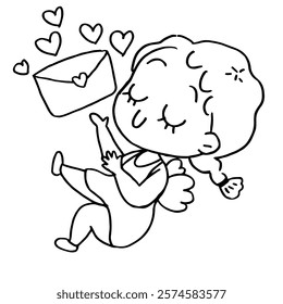 Hand drawn Cupid angel valentine cartoon with love letter and cloud in very cute doodle style 