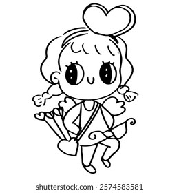 Hand drawn Cupid angel valentine cartoon with love letter and cloud in very cute doodle style 