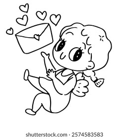 Hand drawn Cupid angel valentine cartoon with love letter and cloud in very cute doodle style 