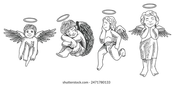 Hand drawn of cupid angels from different views in engraving black and white style isolated on white background. Cupid angel vector illustration.