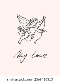 Hand drawn cupid with arrow and bow. Whimsical card