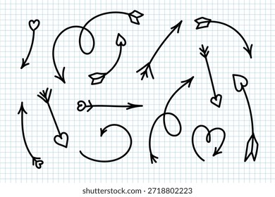 Hand Drawn Cupid Arrow Collection with Hearts for Valentine’s Day Romantic Designs