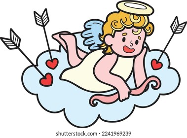 Hand Drawn cupid with clouds illustration isolated on background