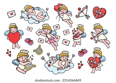 Colección Cupido de mano en ilustración de estilo plano para ideas de negocio aisladas en segundo plano