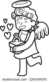 Hand Drawn Cupid and engagement ring illustration isolated on background