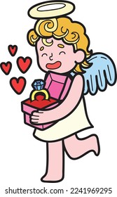 Hand Drawn Cupid and engagement ring illustration isolated on background