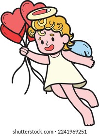 Hand Drawn Cupid with heart balloons illustration isolated on background