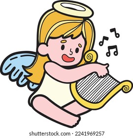 Hand Drawn Cupid is playing music illustration isolated on background