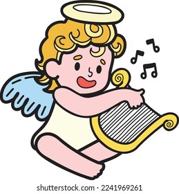 Hand Drawn Cupid is playing music illustration isolated on background