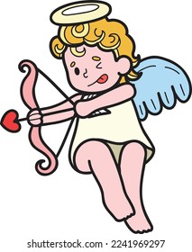 Hand Drawn Cupid is shooting an arrow illustration isolated on background