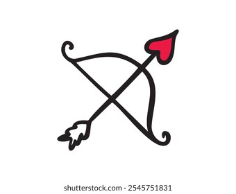 Icono de arco y flecha de cupido dibujados a mano con la punta de un corazón, que simboliza el amor y el afecto. Dibujo del día de San Valentín. Ilustración vectorial