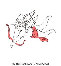 Hand drawn cupis with arrow. Whimsical antique angel baby. Vintage cherub greek statues, retro little angel with bow and arrow in doodle line art style for poster, placard or wedding invitation