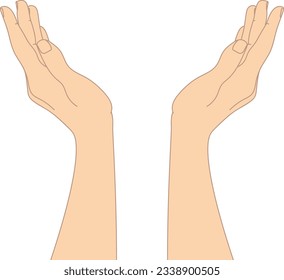 Hand drawn cupped hands isolated on white background. Raised hands. Vector illustration