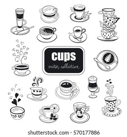 Hand drawn cups collection. Doodle tea mugs and coffee cups isolated on white background. Vector illustration on tea time icons for cafe and restaurant menu design.