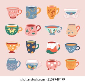 Hand drawn cups collection isolated on pink background. Vector illustration tea accessories for tea ceremony for cafe and restaurant.