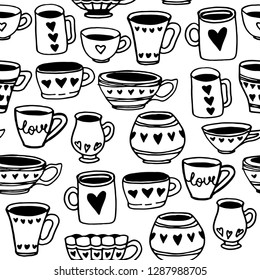 Hand drawn cups with hearts. Seamless vector background for Valentines Day.