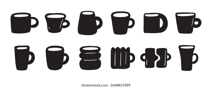 Hand drawn cups and mugs modern art style Matisse inspired design. Vector illustration