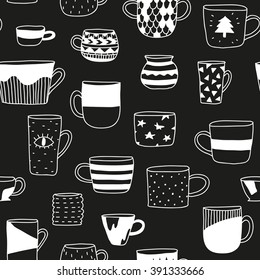 Hand drawn cups on black seamless pattern. Vector design.