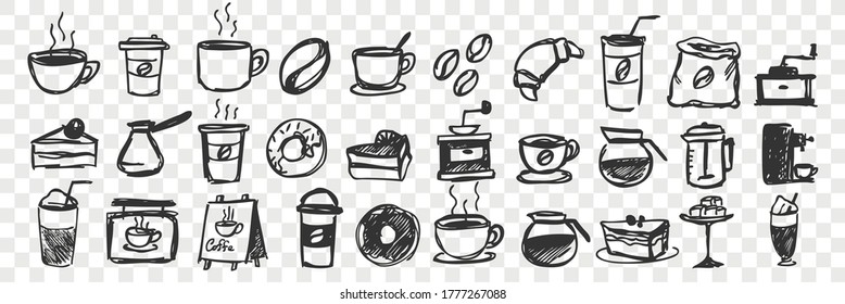 Hand drawn cups and pastry doodle set. Collection of pen ink pencil drawing sketches coffee and tea glasses with doughnuts and cakes isolated on transparent background. Patterns of breakfast food.