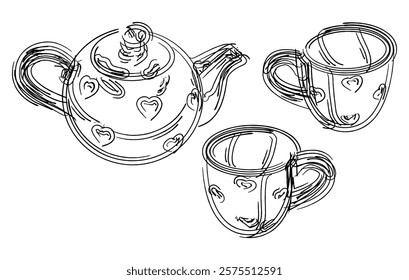 Hand drawn cups with teapot isolated on white. Vector illustration in cartoon sketchy style.