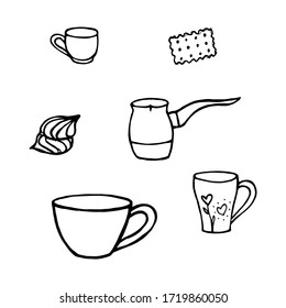 Hand drawn cups vector illustration.Linear black outline.Different mugs, marshmallows and cookies.
