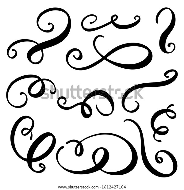 Hand drawn curls set for monograms. Vector whirls\
set. Vintage ornaments design, isolated elements decorations,\
invitations wedding cards, vector illustration, collection set.\
Template signage, logos