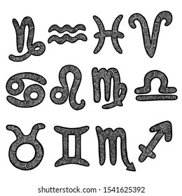 Hand drawn curls zodiac signs. Doodle horoscope icons set.