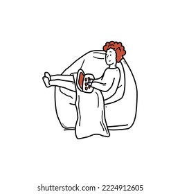 Hand drawn curly boy sitting in chair with laptop doodle style, vector illustration isolated on white background. Working at home, relaxing character, comfort