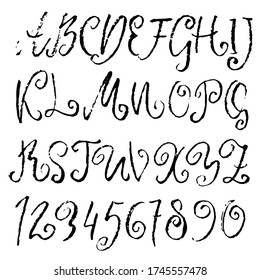Hand drawn curly display font made by dry brush. Grunge style retro alphabet