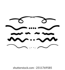 Hand drawn curly divider icon vector illustration design element of swish, swash, swoosh underline swirl squiggle stroke line