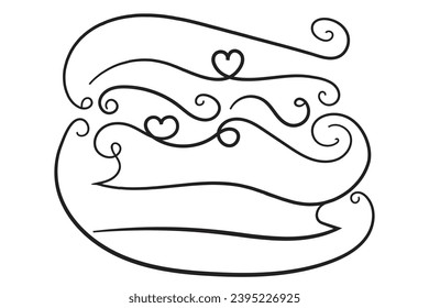 Hand drawn curly hearts scroll Line Calligraphic writing outline ribbon, calligraphy lettering poster useful valentine day, blank space writing for text, ribbon romantic love empty outline banner 