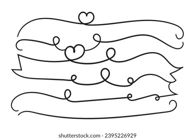 Hand drawn curly hearts scroll Line Calligraphic writing outline ribbon, calligraphy lettering poster useful valentine day, blank space writing for text, ribbon romantic love empty outline banner 
