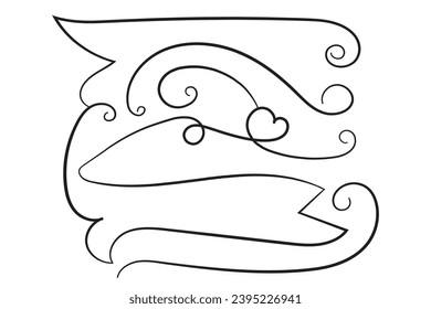 Hand drawn curly hearts scroll Line Calligraphic writing outline ribbon, calligraphy lettering poster useful valentine day, blank space writing for text, ribbon romantic love empty outline banner 