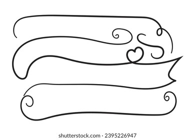 Desplazamiento de los corazones dibujados a mano con curvatura Línea Banda del contorno de escritura caligráfica, póster de letras caligráficas Día de San Valentín útil, escritura en espacio en blanco para texto, bandera de contorno vacío de amor romántico de cinta 