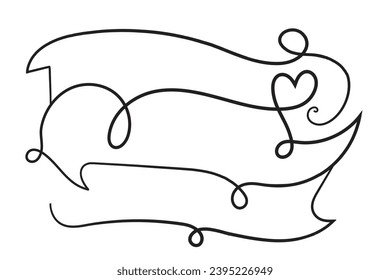 Hand drawn curly hearts scroll Line Calligraphic writing outline ribbon, calligraphy lettering poster useful valentine day, blank space writing for text, ribbon romantic love empty outline banner 