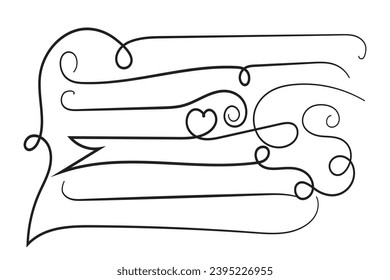 Hand drawn curly hearts scroll Line Calligraphic writing outline ribbon, calligraphy lettering poster useful valentine day, blank space writing for text, ribbon romantic love empty outline banner 