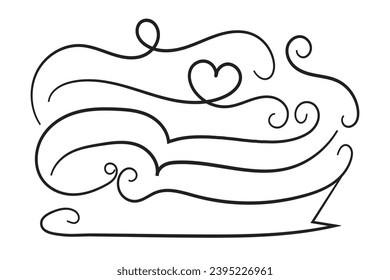 Hand drawn curly hearts scroll Line Calligraphic writing outline ribbon, calligraphy lettering poster useful valentine day, blank space writing for text, ribbon romantic love empty outline banner 