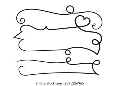 Hand drawn curly hearts scroll Line Calligraphic writing outline ribbon, calligraphy lettering poster useful valentine day, blank space writing for text, ribbon romantic love empty outline banner 
