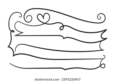 Hand drawn curly hearts scroll Line Calligraphic writing outline ribbon, calligraphy lettering poster useful valentine day, blank space writing for text, ribbon romantic love empty outline banner 